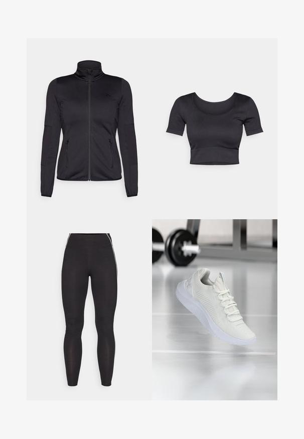 Musta vetoketjullu takki korkealla kauluksella, valmistettu sileästä ja joustavasta kankaasta, jossa on kaksi vetoketjullista etutaskua ja teksturoituja hihoja.; Mustan ribattu lyhythihainen crop-top, jossa on leveä pyöreä pääntie ja tiukka vyötäröosa. Pehmeä rakenne, rento suunnittelu.; Mustat legginssit, jotka on valmistettu joustavasta materiaalista ja joissa on korkea vyötärö. Niissä on valkoiset sivujuovat ja sileä pinta kauttaaltaan.; Valkoiset urheilukengät, joissa on teksturoitu verkkopintainen yläosa ja nauhoitusjärjestelmä. Kenkäpareissa on pehmustettu valkoinen pohja ja hienovaraiset uritetut yksityiskohdat.