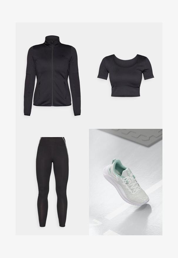 Jaqueta preta com fecho éclair e gola alta, feita de um tecido liso e elástico, apresentando dois bolsos frontais com fecho éclair e mangas texturizadas.; Top curto preto com nervuras, mangas curtas, decote redondo largo e uma faixa ajustada na parte inferior. Textura suave, design casual.; Leggings pretos feitos de material elástico com uma cintura alta. Apresentam riscas brancas nas laterais e uma textura suave por toda a peça.; Sapatilha atlética cinza claro com parte superior em malha texturizada, detalhes em verde menta, atacadores brancos, sola de borracha e etiqueta de puxar no calcanhar.