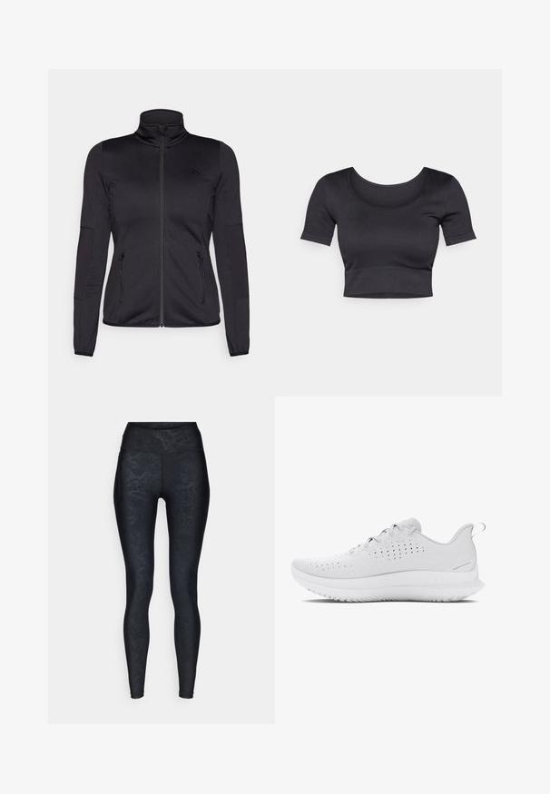 Chaqueta negra con cremallera y cuello alto, confeccionada en un tejido liso y elástico, que cuenta con dos bolsillos delanteros con cremallera y mangas con textura.; Top corto negro de canalé con mangas cortas, cuello redondo amplio y una banda ajustada en la parte inferior. Textura suave, diseño informal.; Leggings negros con un patrón de serpiente texturizado, cintura alta y tejido suave. Cuenta con un bolsillo lateral para objetos pequeños.; Zapatillas deportivas de color gris claro con un upper texturizado, perforaciones para transpirabilidad y una suela de goma con un patrón de terreno distintivo.