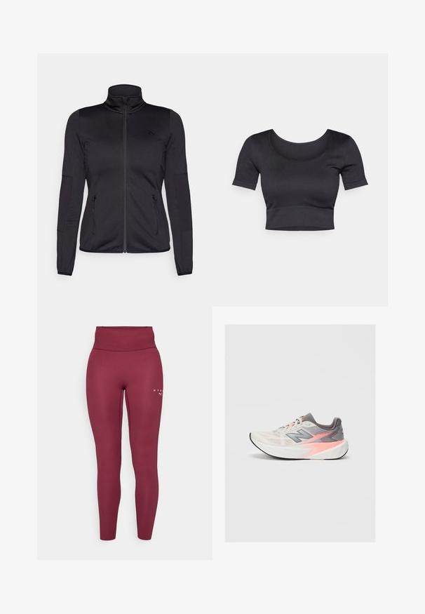 Veste noire zippée avec un col haut, fabriquée à partir d'un tissu lisse et extensible, dotée de deux poches avant zippées et de manches texturées.; Crop top noir à côtes avec des manches courtes, un large col rond et une bande ajustée en bas. Texture douce, design décontracté.; Leggings bordeaux fabriqués à partir d'un tissu extensible, avec une taille haute, une coupe ajustée, présentant un petit logo imprimé sur la cuisse gauche.; Baskets de course New Balance grises claires et roses avec une épaisse semelle blanche et une semelle extérieure noire, vue de côté sur fond uni.