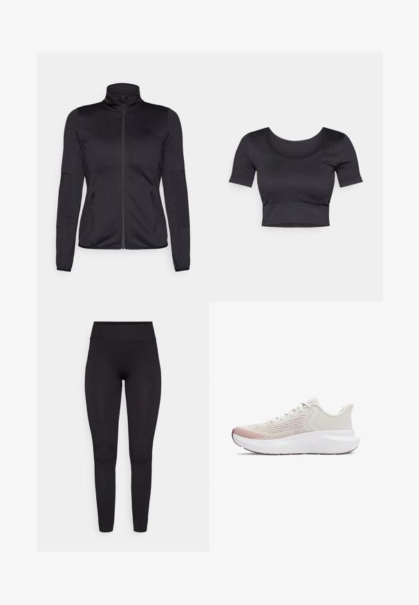 Juoda zip-up striukė su aukštu apykakle, pagaminta iš lygaus, elastingo audinio, turinti dvi užtrauktukais uždaromas priekinės kišenes ir tekstūruotas rankoves.; Juodas raštuotas trumpas viršus su trumpomis rankovėmis, plačiu apvaliu iškirpimu ir prigludusia juosta apačioje. Minkšta tekstūra, laisvalaikio dizainas.; Juodos juostuotos leggingos su aukštu juosmeniu, elastingu medžiaga ir prigludusia konstrukcija, siaurėjančios prie kulkščių be papildomų raštų ar akcentų.; Lengvi sportiniai bateliai su kvėpuojančiu baltu tinkleliu, gradientiniais rožiniais akcentais ir storesne balta nėriniuota padu.