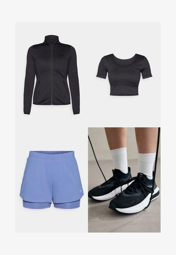 Black zip-up jacket with a high collar, constructed from smooth, stretchy fabric, featuring two zippered front pockets and textured sleeves.; Black ribbed cropped top with short sleeves, wide round neckline, and a fitted band at the bottom. Soft texture, casual design.; Light blue athletic shorts made from textured fabric, featuring an elastic waistband, inner liner, and a subtle logo on the side.; Black athletic shoes with textured fabric, white sole, and black laces. Worn with white ribbed socks, standing on a light surface.