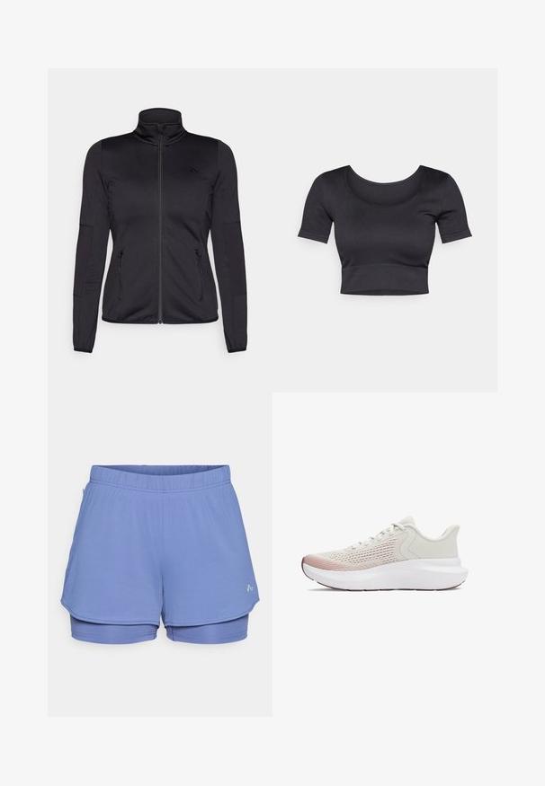 Černá bunda na zip s vysokým límcem, vyrobená z hladkého, elastického materiálu, se dvěma předními kapsami na zip a texturovanými rukávy.; Černý žebrovaný top s krátkými rukávy, širokým kulatým výstřihem a přiléhavým lemem na spodní části. Měkká textura, neformální design.; Svetle modré sportovní šortky vyrobené z texturované tkaniny, které mají elastický pás, vnitřní podšívku a nenápadné logo na boku.; Lehké sportovní boty s prodyšným bílým síťovaným svrškem, gradientními růžovými akcenty a silnou bílou podrážkou s texturovanými detaily.