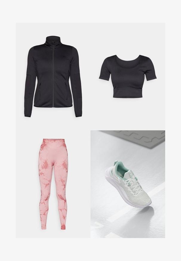 Veste noire zippée avec un col haut, fabriquée à partir d'un tissu lisse et extensible, dotée de deux poches avant zippées et de manches texturées.; Crop top noir à côtes avec des manches courtes, un large col rond et une bande ajustée en bas. Texture douce, design décontracté.; Leggings taille haute en rose avec un motif marbré. Fabriqués à partir d'un tissu extensible et lisse, avec une silhouette ajustée et une taille sans couture.; Baskets de sport gris clair avec un dessus en maille texturée, accents vert menthe, lacets blancs, semelle en caoutchouc et une languette au talon.
