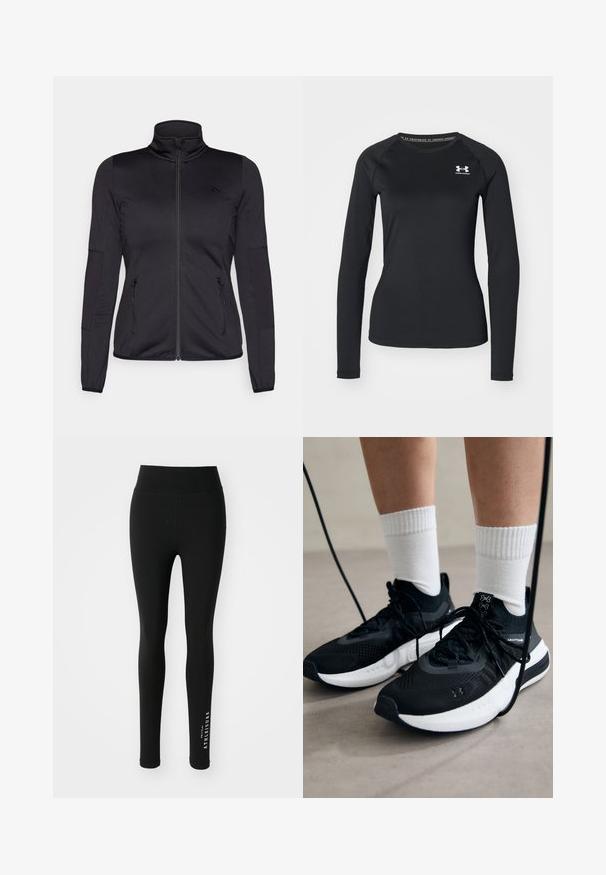 Must ehk üles tõmmatav jakk, millel on kõrge krae, valmistatud siledast ja venivast kangast, millel on kaks lukuga esikotid ja tekstureeritud varrukad.; Must lâuhi keskmise käisteta sportlik särk, mis on valmistatud siledast kangast, ümmarguse kaelusega ning väikese valge logoga vasakul rinnal.; Musthave mustrõngastest kangast mustad retuusid. Kõrge vöökoht ja sile tekstuur. Alumise jala ääres on valge kiri "ATHELEISURE".; Mustad mustad jalanõud tekstuuritud kangast, valge tallaga ja mustade paeltega. Kanna valgete soonikkudega sokkide sisse, seistes helesinisel pinnal.