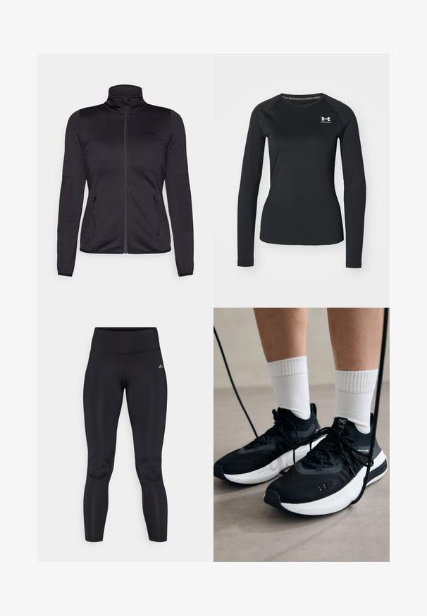 Jachetă neagră cu fermoar, cu guler înalt, confecționată dintr-un material neted și elastic, având două buzunare frontale cu fermoar și mâneci texturate.; Cămașă sport cu mâneci lungi, neagră, realizată dintr-un material neted, având un decolteu rotund și un mic logo alb pe pieptul stâng.; Leggings negre confecționate dintr-un material neted și elastic, cu un talie înaltă și cusături plate. Fără modele vizibile sau detalii metalice.; Căști atletice negre cu țesătură texturată, talpă albă și șireturi negre. Purtați cu șosete albe cu riflaje, stând pe o suprafață deschisă.