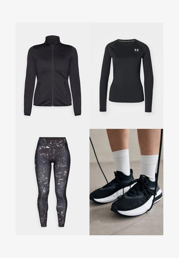 Schwarze Zip-Jacke mit hohem Kragen, gefertigt aus glattem, dehnbarem Material, mit zwei vorderen Reißverschlusstaschen und strukturierten Ärmeln.; Schwarzes langärmliges Sportshirt aus glattem Material, mit Rundhalsausschnitt und einem kleinen weißen Logo auf der linken Brust.; Hochtaillierte Leggings mit schwarzem Grund und einem marmorierten Muster in gedämpften Farben. Glattes, elastisches Material mit Kontrastnähten und ohne sichtbare Beschläge.; Schwarze Sportschuhe aus strukturiertem Stoff, mit weißer Sohle und schwarzen Schnürsenkeln. Tragen mit weißen gerippten Socken, stehen auf einer hellen Fläche.
