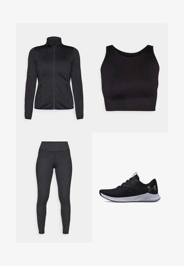 Musta vetoketjullu takki korkealla kauluksella, valmistettu sileästä ja joustavasta kankaasta, jossa on kaksi vetoketjullista etutaskua ja teksturoituja hihoja.; Musta ribbi-mallinen lyhyt yläosa, jossa on korkea kaulus ja leveät kainalot. Yläosa on tehty pehmeästä, joustavasta kankaasta mukavuutta varten, ja siinä on saumaton muotoilu.; Mustat legginsit, jotka on valmistettu joustavasta materiaalista. Niissä on korkea vyötärö, tyylikäs muotoilu ja raidalliset yksityiskohdat nilkassa.; Musta urheilukenkä, jossa on verkkomainen päällinen, teksturoitu kuvio ja hopeiset yksityiskohdat. Varustettu mustilla nauhoilla ja valkoisella välikeualla, jossa on kuvioitu ulkopohja.
