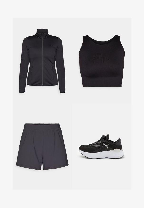 Sort zip-jakke med høj krave, fremstillet af glat, strækbart stof, med to lynlåslommer foran og strukturerede ærmer.; Sort ribbet crop top med høj halsudskæring og brede armhuller, fremstillet i et blødt, strækbart stof for komfort og et sømløst design.; Sorte atletiske shorts lavet af let, strækbart stof. Har en elastisk talje og et enkelt, udekoreret design.; Sort atletisk sneakers med mesh-overdel, hvid mellemsål, rund tå og snørebåndsdesign. Har fremtrædende logo på siden og teksturerede detaljer.