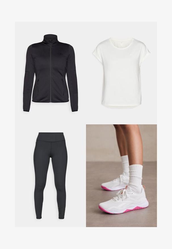 Črna jakna na zadrgo z visokim ovratnikom, izdelana iz gladkega, raztegljivega materiala, z dvema sprednjima žepoma na zadrgo in teksturiranimi rokavi.; Bela majica s kratkimi rokavi in okroglim ovratnikom, izdelana iz gladkega materiala. Ima zasukane rokave in subtilno logo podrobnost na prsih.; Črne legice iz raztegljivega materiala, z visokim pasom, elegantnim dizajnom in črtastimi detajli blizu gležnja.; Beli atletski copati s rožnatimi akcenti, zračen mrežasti zgornji del, teksturiran podplat in okrogla vezalka, v kombinaciji z belimi rebrastimi nogavicami.