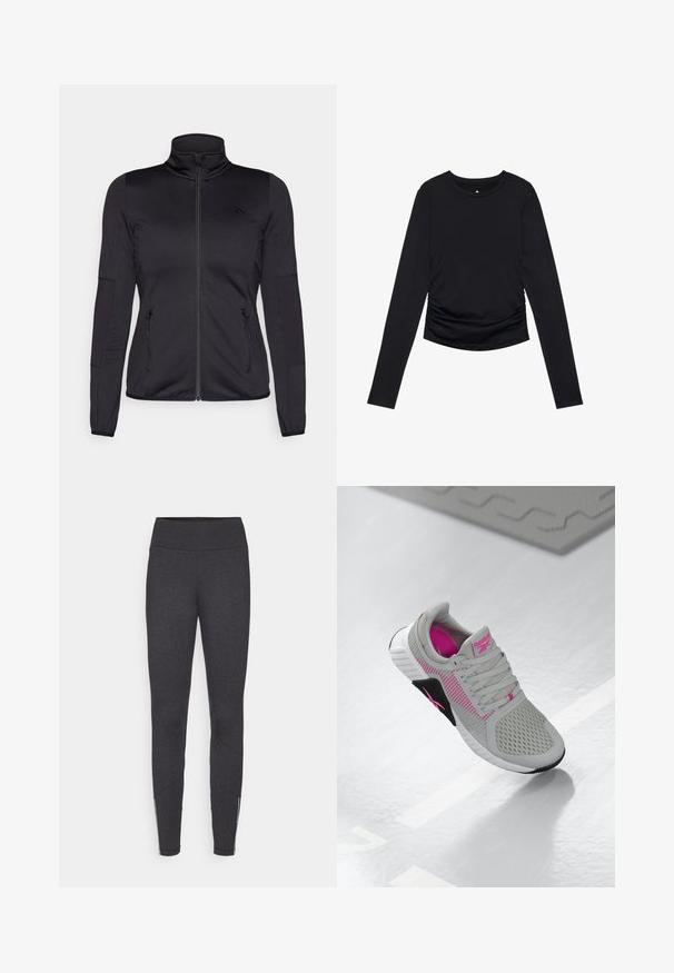 Czarna kurtka na zamek z wysokim kołnierzem, wykonana z gładkiego, elastycznego materiału, posiadająca dwie kieszenie z przodu na zamek oraz fakturowane rękawy.; Czarny top z długim rękawem i okrągłym dekoltem, ozdobiony marszczeniami po bokach, wyeksponowany na jednolitym białym tle.; Ciemnoszare legginsy z wysokim stanem, wykonane z elastycznego materiału, z zamkami błyskawicznymi po bokach przy kostkach i gładką teksturą.; Szare i różowe sneakersy sportowe Reebok z siateczkową cholewką i szczegółową podeszwą, wystawione na odbijającej białej powierzchni.
