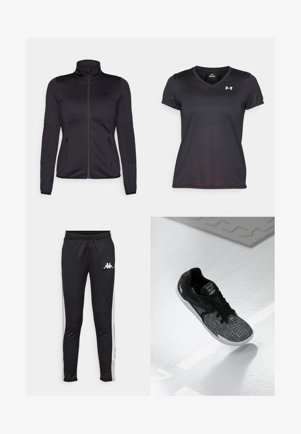 Chaqueta negra con cremallera y cuello alto, confeccionada en un tejido liso y elástico, que cuenta con dos bolsillos delanteros con cremallera y mangas con textura.; Camisa de deporte negra de manga corta con diseño de cuello en V, hecha de una tela suave que absorbe la humedad. Presenta un logo blanco en el pecho.; Pantalones deportivos negros con rayas laterales blancas, cintura elástica y un pequeño logo blanco en la parte delantera de la cadera izquierda. Textura suave, diseño ajustado.; Zapato deportivo negro con una parte superior de malla texturizada y con patrón, cordones negros y suela blanca. Presenta el logotipo de Reebok en la lengüeta y en el lateral.