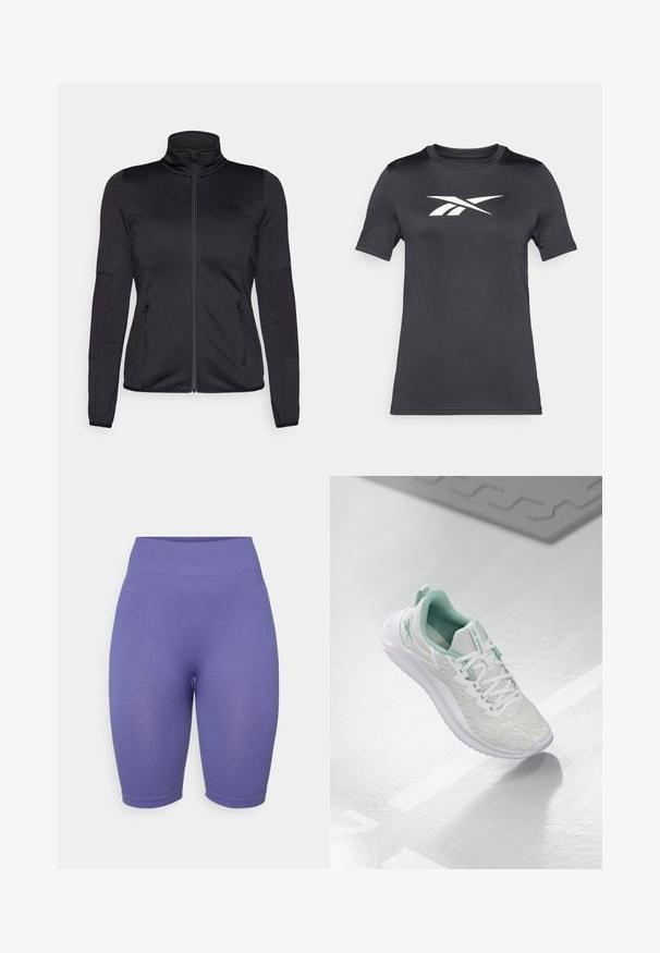 Musta vetoketjullu takki korkealla kauluksella, valmistettu sileästä ja joustavasta kankaasta, jossa on kaksi vetoketjullista etutaskua ja teksturoituja hihoja.; Mustapohjainen lyhythihainen T-paita, joka on valmistettu sileästä kankaasta ja jossa on valkoinen logo rinnassa. Ympyräkaula-aukko ja normaali istuvuus.; Violetti korkeavyötäröiset pyöräilyshortsit, joissa on ribbitekstuuri, istuva muotoilu ja puoliväli reiteen. Ei huomattavia varusteita tai kuvioita.; Vaaleanharmaa urheilujalkine, jossa on teksturoitu neulepäällinen, mintunvihreät yksityiskohdat, valkoiset nauhat, kumipohja ja vetolenkki kannassa.
