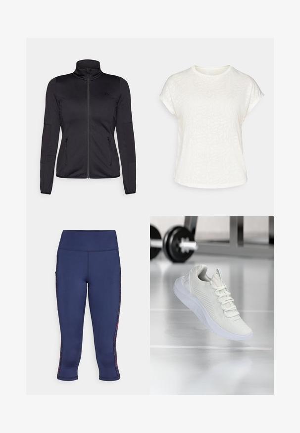 Jaqueta preta com fecho éclair e gola alta, feita de um tecido liso e elástico, apresentando dois bolsos frontais com fecho éclair e mangas texturizadas.; T-shirt branco de mangas curtas com um padrão floral texturizado, decote redondo e corte descontraído. Feito de um tecido leve e suave.; Leggings capri azul-marinho em tecido elástico, com bolsos laterais e detalhes florais texturizados nas laterais. Design da cintura suave.; Sapatilha atlética branca com um cabedal em malha texturizada e sistema de atacadores, apresentando uma sola branca acolchoada e sutis acentos ribateados.
