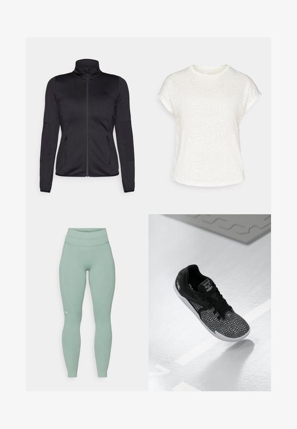Jaqueta preta com fecho éclair e gola alta, feita de um tecido liso e elástico, apresentando dois bolsos frontais com fecho éclair e mangas texturizadas.; T-shirt branco de mangas curtas com um padrão floral texturizado, decote redondo e corte descontraído. Feito de um tecido leve e suave.; Leggings verde claro com um design justo. Apresentam uma cintura larga e texturizada, além do discreto logo da Under Armour na parte inferior da perna.; Sapatilha atlética preta com um upper em malha texturizada e padrão, atacadores pretos e uma sola branca. Apresenta a marca Reebok na língua e na lateral.