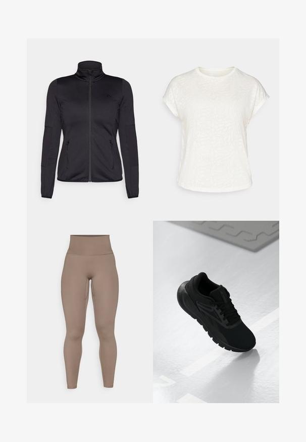 Giacca zip-up nera con colletto alto, realizzata in un tessuto liscio e elasticizzato, dotata di due tasche frontali con zip e maniche strutturate.; T-shirt bianco a maniche corte con motivo floreale testurizzato, scollo rotondo e vestibilità rilassata. Realizzato in tessuto morbido e leggero.; Leggings a vita alta, aderenti, in un tessuto liscio e opaco di colore marrone chiaro, caratterizzati da cuciture laterali e senza loghi o motivi visibili.; Scarpa sportiva nera con tomaia in rete, punta rotonda, suola imbottita e dettagli texturizzati, posizionata su una superficie bianca liscia.