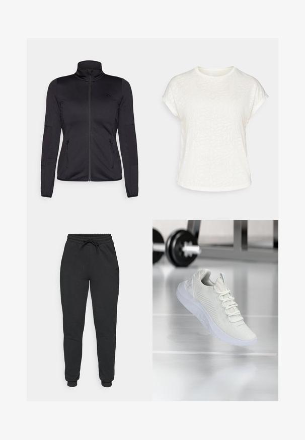 Jaqueta preta com fecho éclair e gola alta, feita de um tecido liso e elástico, apresentando dois bolsos frontais com fecho éclair e mangas texturizadas.; T-shirt branco de mangas curtas com um padrão floral texturizado, decote redondo e corte descontraído. Feito de um tecido leve e suave.; Calças de moletão pretas feitas de uma mistura suave de algodão, com cintura elástica e cordão, tornozelos ajustados e uma discreta marcação lateral.; Sapatilha atlética branca com um cabedal em malha texturizada e sistema de atacadores, apresentando uma sola branca acolchoada e sutis acentos ribateados.