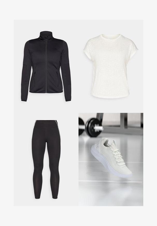 Čierna zipsová bunda s vysokým golierom, vyrobená z hladkého, elastického materiálu, so zipsovými prednými vreckami a štruktúrovanými rukávmi.; Biele tričko s krátkym rukávom s textúrovaným kvetinovým vzorom, okrúhlym výstrihom a voľným strihom. Vyrobené z mäkkej, ľahkej tkaniny.; Čierne legíny vyrobené z elastického materiálu s vysokým pásom. Obsahujú biele bočné pruhy a hladkú textúru po celom povrchu.; Biele atletické tenisky s textúrovaným sieťovým zvrškom a systémom šnurovania, so zvýšenou bielou podrážkou a jemnými ryhovanými akcentmi.