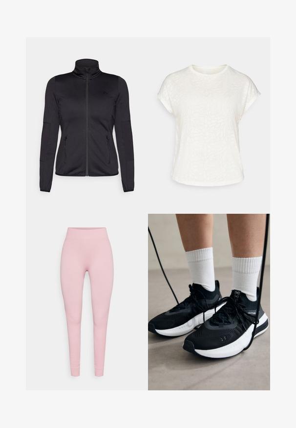 Jachetă neagră cu fermoar, cu guler înalt, confecționată dintr-un material neted și elastic, având două buzunare frontale cu fermoar și mâneci texturate.; Tricou scurt cu mânecă albă, cu un model floral texturat, guler rotund și croială lejeră. Fabricat dintr-un material moale și ușor.; Tights roz cu nervuri, prezentând o talie înaltă, o croială ajustată și un material elastic pentru confort. Fără modele distincte sau detalii de hardware.; Căști atletice negre cu țesătură texturată, talpă albă și șireturi negre. Purtați cu șosete albe cu riflaje, stând pe o suprafață deschisă.