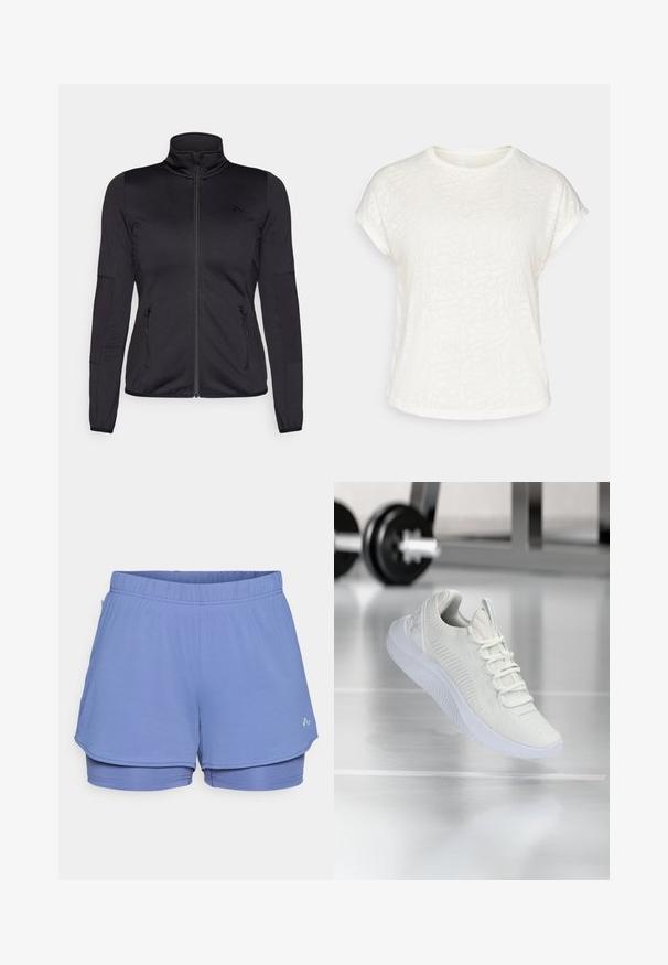 Čierna zipsová bunda s vysokým golierom, vyrobená z hladkého, elastického materiálu, so zipsovými prednými vreckami a štruktúrovanými rukávmi.; Biele tričko s krátkym rukávom s textúrovaným kvetinovým vzorom, okrúhlym výstrihom a voľným strihom. Vyrobené z mäkkej, ľahkej tkaniny.; Svetlomodré športové šortky vyrobené z textúrovanej tkaniny, s elastickým pásom, vnútornou podšívkou a nenápadným logom na boku.; Biele atletické tenisky s textúrovaným sieťovým zvrškom a systémom šnurovania, so zvýšenou bielou podrážkou a jemnými ryhovanými akcentmi.