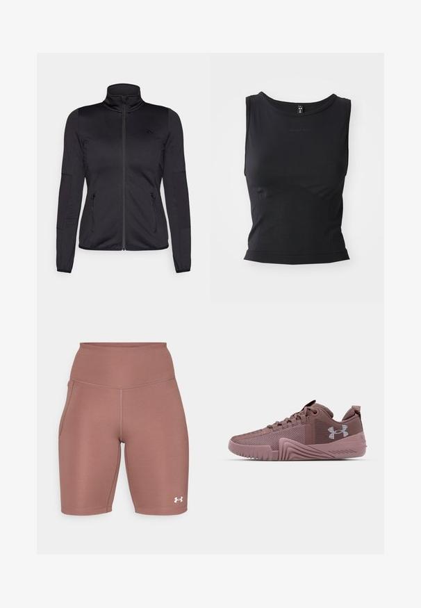 Černá bunda na zip s vysokým límcem, vyrobená z hladkého, elastického materiálu, se dvěma předními kapsami na zip a texturovanými rukávy.; Černý bezrukávový sportovní top vyrobený z hladkého materiálu, s kulatým výstřihem a přiléhavým siluetou s jemným logem.; Sportovní šortky s vysokým pasem v tlumené růžové barvě. Vyrobené z hladkého, elastického materiálu, s boční kapsou a bílým logem blízko lemu.; Tmavě růžové sportovní boty s texturovanou síťovinou, gumovou podešví a výrazným vzorem pro grip; mají logo na boku a polstrovaný límec.