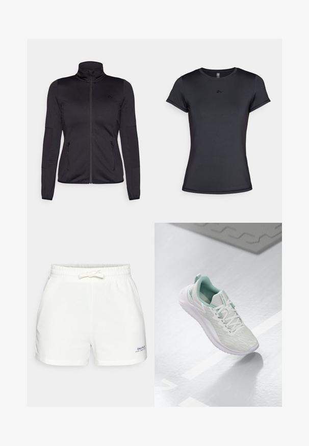 Jachetă neagră cu fermoar, cu guler înalt, confecționată dintr-un material neted și elastic, având două buzunare frontale cu fermoar și mâneci texturate.; Tricou negru cu mânecă scurtă, realizat dintr-un material neted și respirabil, având un design minimal al logo-ului pe față. Guler clasic tip crew.; Pantaloni scurți albi cu talie elastică dintr-un material moale, având un șnur, buzunare și un mic logo albastru în partea stângă jos.; Pantof de sport gri deschis, cu un material tricotat texturat, accente verde menta, șireturi albe, talpă din cauciuc și o bucată pentru tragere la călcâi.