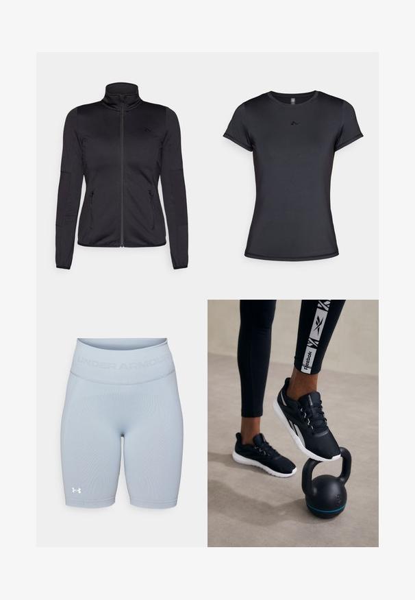 Black zip-up jacket with a high collar, constructed from smooth, stretchy fabric, featuring two zippered front pockets and textured sleeves.; Black short-sleeve t-shirt made of smooth, breathable fabric featuring a minimal logo design on the front. Classic crew neckline.; Light blue athletic shorts with a textured finish, high elastic waistband featuring "UNDER ARMOUR" branding, and a white logo at the hem.; Black athletic shoes with a textured upper, white sole, and gray accents, positioned on a black kettlebell with a blue stripe, against a neutral background.