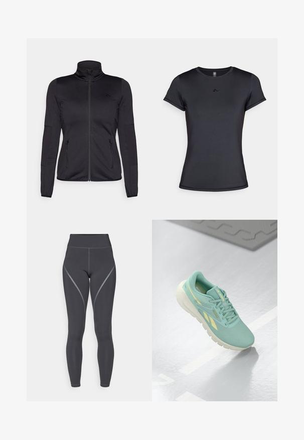 Zwarte zip-up jas met hoge kraag, gemaakt van een gladde, rekbare stof, met twee met rits gesloten voorzakken en gestructureerde mouwen.; Zwarte korte mouw t-shirt van glad, ademend materiaal met een minimalistisch logoontwerp op de voorkant. Klassieke ronde hals.; Hoge taille zwarte leggings met een gladde textuur, grijze accentnaden en een gestroomlijnd ontwerp, speciaal gemaakt voor actieve kleding.; Licht turquoise sportieve schoen met een gestructureerde bovenkant, contrasterende gele accenten en een stevige witte zool. Voorzien van veters en een merklogo.