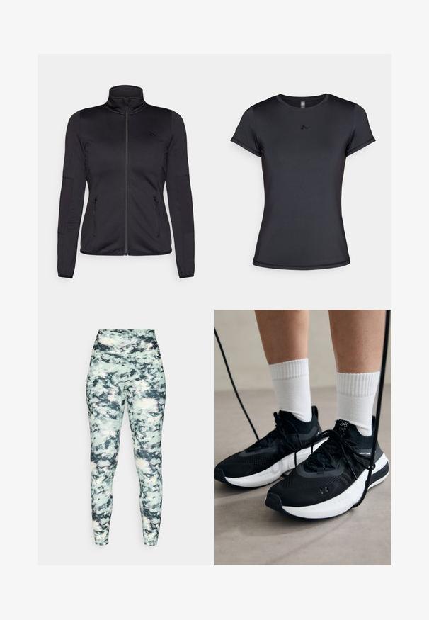 Jaqueta preta com fecho éclair e gola alta, feita de um tecido liso e elástico, apresentando dois bolsos frontais com fecho éclair e mangas texturizadas.; T-shirt preta de manga curta, feita de um tecido liso e respirável, com um design de logotipo minimalista na parte da frente. Gola clássica em crew.; Leggings de cintura alta com um padrão de mármore multicolorido; apresentam uma textura suave e uma silhueta ajustada para um suporte aerodinâmico.; Sapatilhas desportivas pretas com tecido texturizado, sola branca e atacadores pretos. Usadas com meias brancas caneladas, a pé sobre uma superfície clara.
