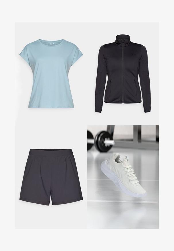 Black zip-up jacket with a high collar, constructed from smooth, stretchy fabric, featuring two zippered front pockets and textured sleeves.; Light blue short-sleeve t-shirt made from soft fabric. Features a round neckline, relaxed fit, and stitched hems. No patterns or embellishments.; Black athletic shorts made of lightweight, stretchy fabric. Features an elastic waistband and a simple, unembellished design.; White athletic sneaker with a textured mesh upper and lacing system, featuring a cushioned white sole and subtle ribbed accents.