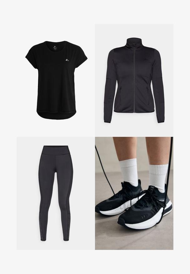 Crna jakna s patentnim zatvaračem i visokim ovratnikom, napravljena od glatkog, rastezljivog materijala, s dva prednja džepa na patentni zatvarač i teksturiranim rukavima.; Crna majica kratkih rukava od mekog materijala, s zaobljenim rubom i malim logom na prsima. Jednostavan i minimalistički dizajn.; Crne tajice od rastezljivog materijala. Visoki pojas, glatka tekstura, s uzorkovanim detaljima na donjem dijelu nogu.; Crne atletske cipele s teksturiranim materijalom, bijelim potplatima i crnim vezicama. Nosene s bijelim rebrastim čarapama, stojeći na svijetloj površini.