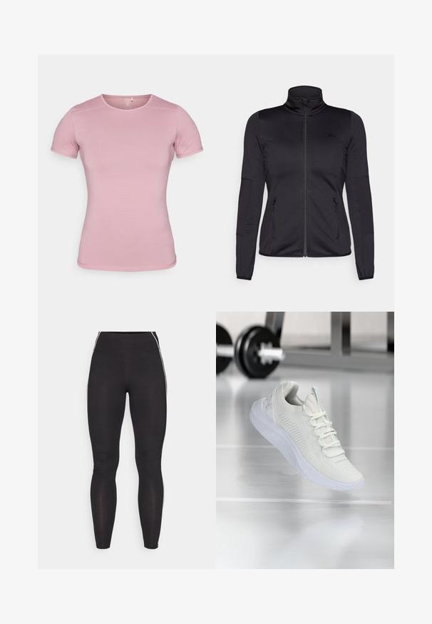 Crna jakna s patentnim zatvaračem i visokim ovratnikom, napravljena od glatkog, rastezljivog materijala, s dva prednja džepa na patentni zatvarač i teksturiranim rukavima.; Majica kratkih rukava u nježnoj ružičastoj boji, od mekanog teksturiranog materijala sa prilagođenim oblikom. Ima okrugli izrez i standardni rub bez ukrasa.; Crne tajice izrađene od rastezljivog materijala s visokim pojasom. Ima bijele bočne pruge i glatku teksturu.; Bijela atletska teniska obuća s teksturiranim mrežastim gornjim dijelom i sustavom vezanja, koja ima podstavljeni bijeli potplat i suptilne rebraste naglaske.