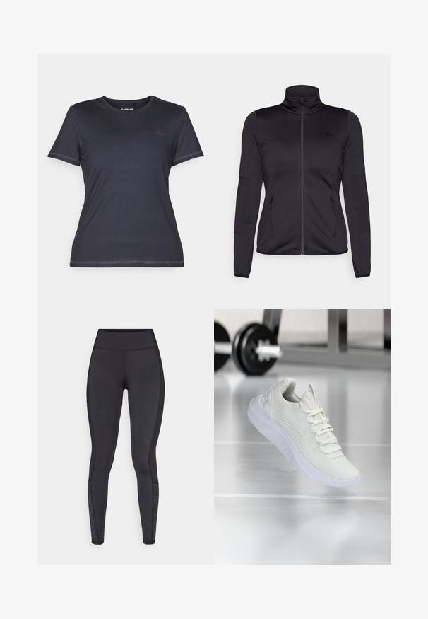 Czarna kurtka na zamek z wysokim kołnierzem, wykonana z gładkiego, elastycznego materiału, posiadająca dwie kieszenie z przodu na zamek oraz fakturowane rękawy.; Koszulka z krótkim rękawem i okrągłym dekoltem w ciemnym granacie, o gładkiej fakturze i kontrastującym różowym logo na piersi.; Czarne legginsy wykonane z elastycznego materiału. Wysoki stan, gładka tekstura, zdobione wzorzystymi akcentami na dolnej części nogawki.; Białe sportowe sneakersy z teksturowaną siateczką u góry i systemem sznurowania, charakteryzujące się wyściełaną białą podeszwą oraz subtelnymi żeberkowymi akcentami.