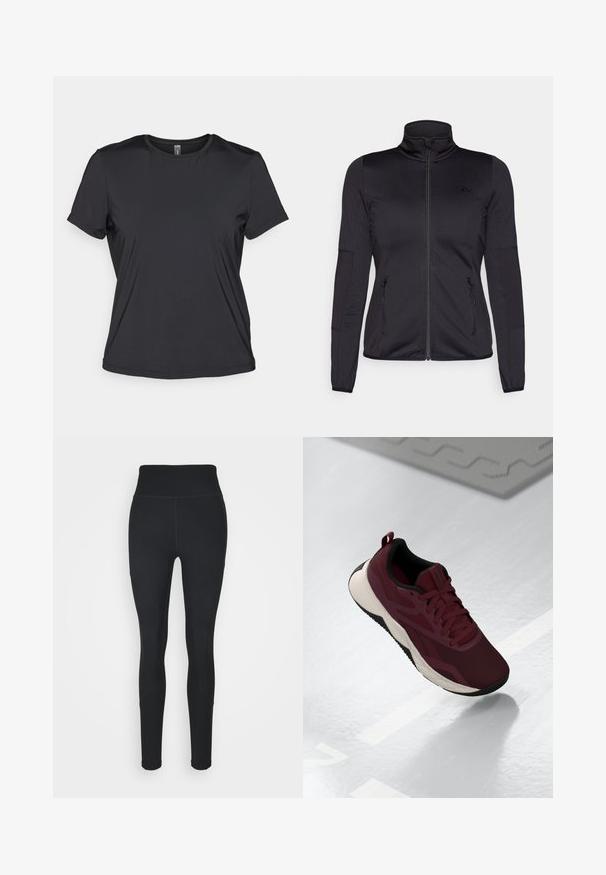 Veste noire zippée avec un col haut, fabriquée à partir d'un tissu lisse et extensible, dotée de deux poches avant zippées et de manches texturées.; T-shirt noir à manches courtes en tissu lisse et léger, avec un encolure ronde et une coupe décontractée. Construction sans coutures pour le confort.; Leggings noirs en tissu extensible, dotés d'une taille haute, de panneaux côtelés sur les côtés et d'une coupe ajustée se resserrant aux chevilles.; Chaussure de sport bordeaux avec dessus en maille, accents noirs et semelle blanche rembourrée. Présente un système de laçage et une languette au talon.