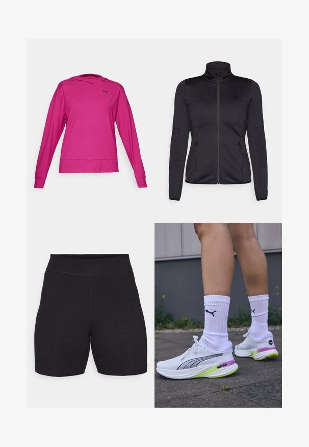Sort zip-jakke med høj krave, fremstillet af glat, strækbart stof, med to lynlåslommer foran og strukturerede ærmer.; Fuchsia hættetrøje lavet af glat materiale, med en kengurulomme, en snørelukket hætte og et sort logo på brystet.; Sorte cykelshorts med høj talje, lavet af strækbart, blødt stof. Har flade sømme og en glat overflade for komfort.; Hvide løbesko med et slankt design, sorte accenter, detaljer i lilla og grøn på sålen, og parret med hvide ribbede sokker med et sort logo.