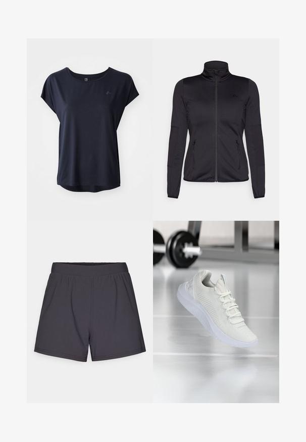 Jachetă neagră cu fermoar, cu guler înalt, confecționată dintr-un material neted și elastic, având două buzunare frontale cu fermoar și mâneci texturate.; Tricou sportiv bleu marin cu mâneci scurte, dintr-un material moale, cu guler rotund și un tiv ușor curbat. Detaliu mic cu logo pe partea din față.; Șorturi atletice negre, realizate dintr-un material ușor și elastic. Prezintă un waistband elastic și un design simplu, fără ornamente.; Sneaker sportiv alb cu o parte superioară din plasă texturată și sistem de șireturi, având o talpă albă cu un amortizor și accente subtile în formă de nervuri.