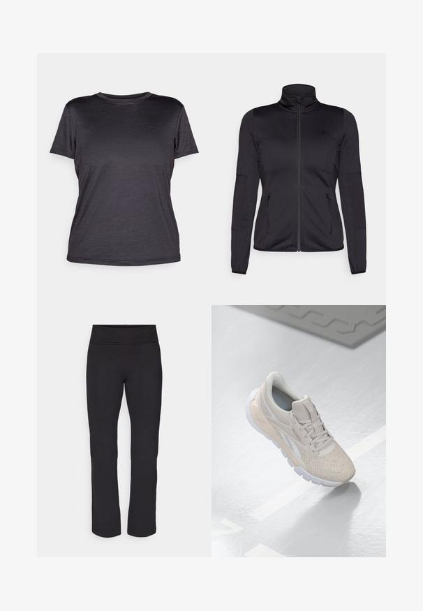Crna jakna s patentnim zatvaračem i visokim ovratnikom, napravljena od glatkog, rastezljivog materijala, s dva prednja džepa na patentni zatvarač i teksturiranim rukavima.; Siva kratka majica s kratkim rukavima od lagane tkanine, s okruglim izrezom, glatkom teksturom i suptilnim logotipom na prsima.; Crne tajice od glatkog, rastezljivog materijala s visokim pojasom. Imaju ravne, punu dužinu nogavica i bez vidljivih uzoraka ili dekoracija.; Svijetlosmeđi sportski tenisici s perforiranim gornjim dijelom, teksturiranim detaljima, podstavljenim okvirom i bijelim gumiranim potplatom, dizajnirani za udobnost i prozračnost.