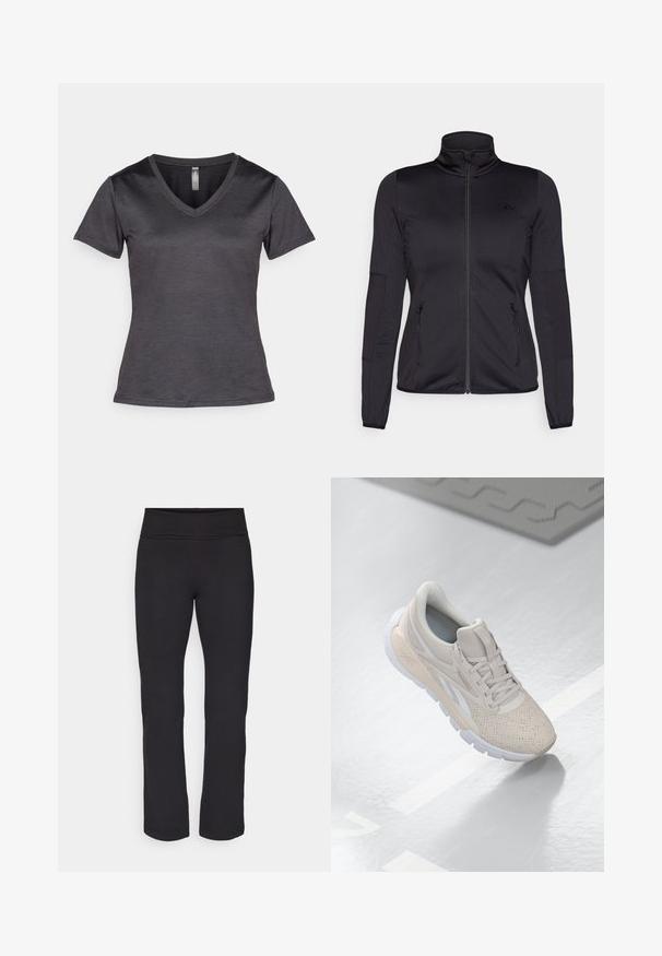 Musta vetoketjullu takki korkealla kauluksella, valmistettu sileästä ja joustavasta kankaasta, jossa on kaksi vetoketjullista etutaskua ja teksturoituja hihoja.; Tummanharmaa V-kaula-aukkoinen t-paita lyhyillä hihoilla, valmistettu sileästä kankaasta. Sisältää epäselvän logon rinnassa ja kapean istuvuuden.; Mustat legginsit, joissa on sileä, venyvä kangas ja leveä vyötärö. Ne ovat suoralahkeiset ja täysipituiset, eikä niissä ole näkyviä kuvioita tai koristeita.; Vaaleabeige urheilusukka, jossa on rei'itetty päällinen, tekstuuriset aksentit, pehmustettu nilkkareunus ja valkoinen kumipohja, suunniteltu mukavuutta ja hengittävyyttä varten.