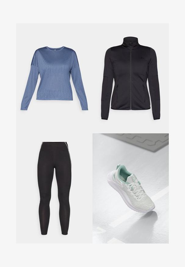 Czarna kurtka na zamek z wysokim kołnierzem, wykonana z gładkiego, elastycznego materiału, posiadająca dwie kieszenie z przodu na zamek oraz fakturowane rękawy.; Niebieski top z długim rękawem o gładkiej fakturze, okrągłym dekolcie i lekko opuszczonych ramionach. Subtelny wzór dodaje wizualnego zainteresowania.; Czarne legginsy wykonane z elastycznego materiału, z wysokim stanem. Posiadają białe pasek po bokach oraz gładką strukturę.; Jasnoszare buty sportowe z teksturowaną dzianiną, miętowymi akcentami, białymi sznurowadłami, gumową podeszwą i uchwytem na pięcie.