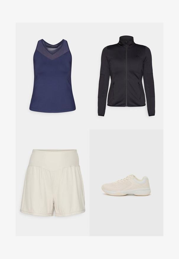 Juoda zip-up striukė su aukštu apykakle, pagaminta iš lygaus, elastingo audinio, turinti dvi užtrauktukais uždaromas priekinės kišenes ir tekstūruotas rankoves.; Tamsiai mėlynas trumpas marškinėlis su V formos iškirpte ir tinklinio audinio įdėklu. Glotni medžiaga, su prigludusia forma ir siūlėmis apdirbta apačia.; Šviesiai bežiniai šortai su tekstūruota raištelių juosta, plazdančiu dizainu ir kasdiene pritaikymu. Ypatybes: siūti apvadu ir šoninės plyšys, leidžiančios judėti laisvai.; Šviesiai smėlinės sportinės bateliai su tekstūruota viršumi, kontrastinėmis baltomis detalėmis, apvaliu pirštu ir lankščiu guminiai padu.