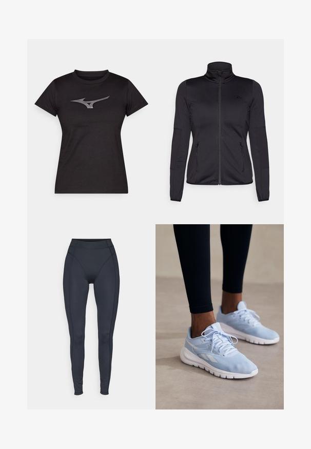 Must ehk üles tõmmatav jakk, millel on kõrge krae, valmistatud siledast ja venivast kangast, millel on kaks lukuga esikotid ja tekstureeritud varrukad.; Must musta lühikeste varrukatega T-särk, mis on valmistatud siledast kangast, esiküljel peegelduv hõbedane logo. Klassikaline ümmargune kaelus.; Kõrgema taljejoonega mustad retuusid, mis on valmistatud venivast kangast, sujuvate külgede ja mugava ning liikuvuse toetava lõikega.; Heledad sinised spordikingad, millel on võrkkangas, pehmendusega krae ja valge tallaga. Omab paelu ja külgriibusid kontrastsetes valgetes värvitoonides.