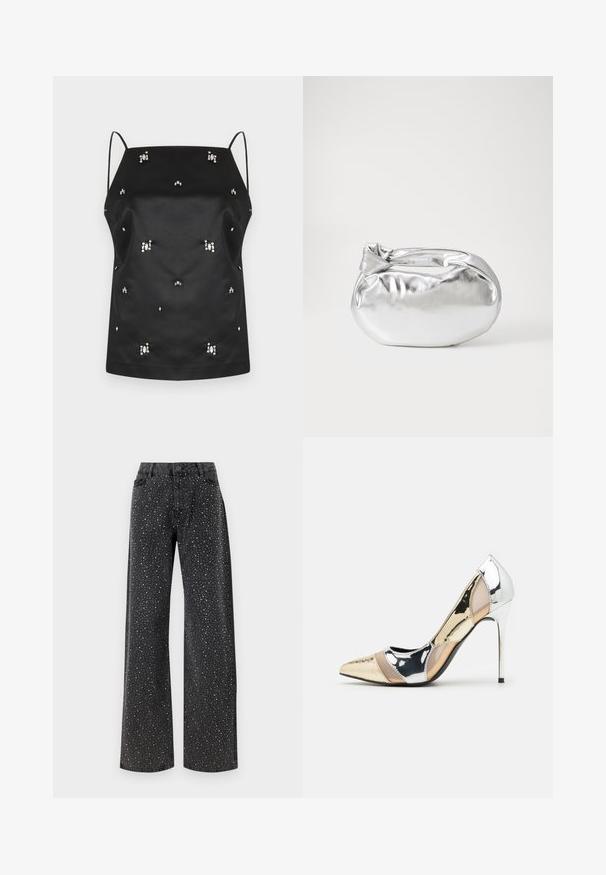 Jas met luipaardprint in groen- en bruintinten, met een geknopt kraag, lange mouwen en een relaxte fit. Zacht textiel met een fijne textuur.; Zwarte satijnen cami met dunne bandjes, versierd met verspreide kristalversieringen en een relaxte pasvorm. Soepele textuur en minimalistisch ontwerp.; Noisy May NMJANNEL LOOSE - Relaxed fit jeans - black denim; Puntige hoge hak schoenen met een zilver, goud en nude kleurenschema. Glanzende afwerking met uitsnijdingen en een stiletto hak.; Zilveren metalen pouch bag met een zachte, afgeronde vorm en een geknoopte sluiting aan de bovenkant. Gemaakt van soepel faux leren materiaal.; Zilveren hoepel oorbellen met een minimalistisch ontwerp. Cirkelvormig, gladde textuur en dun profiel. Lichtgewicht met een gepolijste afwerking.