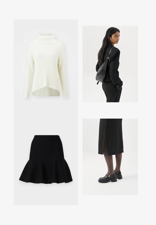 Doudoune noire avec un col haut, dotée d'une fermeture éclair à l'avant et de motifs de piqûres en chevron. Fabriquée à partir d'un matériau brillant et lisse.; ONLY ONLKATIA SADDLE ROLL NECK - Pullover - whitecap gray melange; Jupe évasée noire en tissu doux. Dotée d'une taille ajustée et d'un ourlet ondulé, créant une apparence superposée.; Chaussures noires en cuir avec un bout arrondi, un épais talon bloc et des accents latéraux élastiques, associées à des bas foncés et une jupe noire avec une fente.; Femme avec de longs cheveux foncés portant un costume noir, portant un sac à épaule en cuir noir, regardant par-dessus son épaule contre un fond blanc.; Boucles d'oreilles en argent en forme de créoles avec un design torsadé, dotées d'une finition polie et d'une fermeture à poussoir. Mesurent environ 3 cm de diamètre.