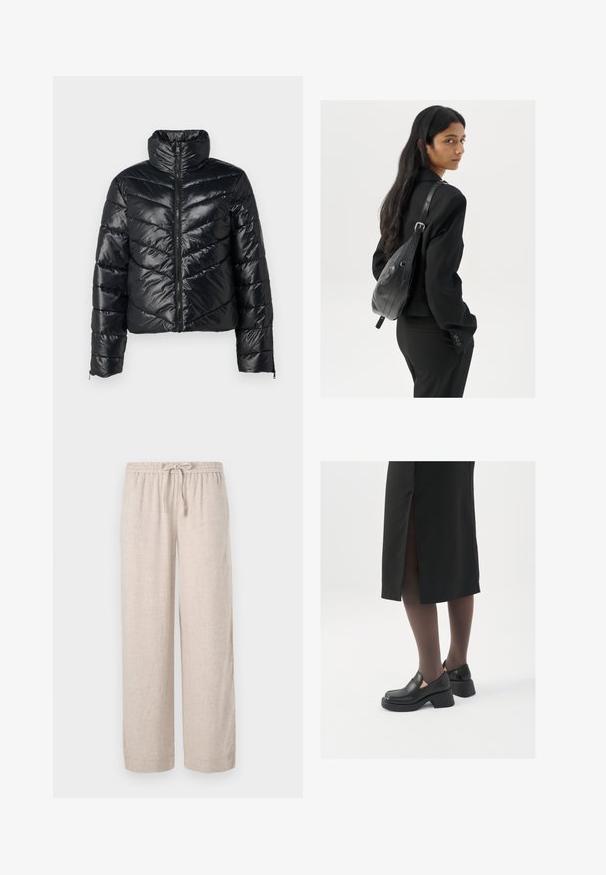 Črna puhovka z visokim ovratnikom, ki ima zadrgo spredaj in chevron šive. Narejena iz sijočnega, gladkega materiala.; Črno bodi s dolgimi rokavi, z mrežastim V-izrezom in nabranimi rameni. Gladek material z oblikovanim krojem.; Svetlo bež široke hlače iz lana z elastičnim pasom in vrvico. Imajo gladko teksturo in športen dizajn.; Črne usnjene čevlje s zaobljenim prstom, debelim blokastim petama in elastičnimi stranskimi detajli, v kombinaciji s temno nogavicami in črno krilo z razporkom.; Ženska z dolgimi temnimi lasmi, oblečena v črn kostim, nosi črno usnjeno torbo čez ramo in se ozira čez ramo proti beli podlagi.; Srebrne uhane v obliki obroča z minimalističnim dizajnom. Krožna oblika, gladka tekstura in tanek profil. Lahki s poliranim zaključkom.
