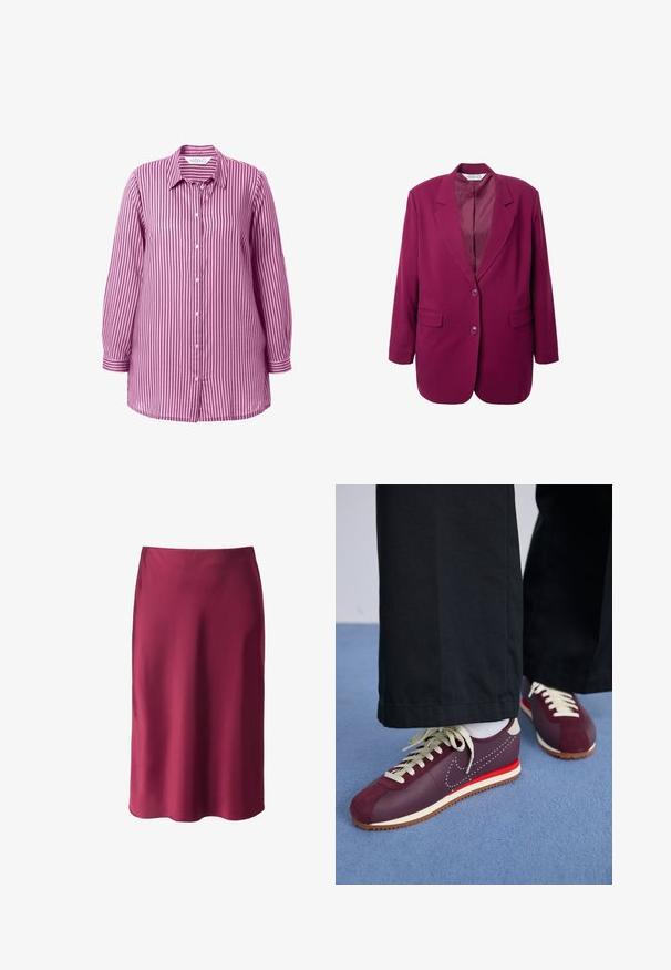 Magenta blazer med klapkrave, to forlommer og en enkelt knaplukning. Glat stof med en struktureret silhuet.; Stribet skjorte i lilla og hvid, med spidse krave, lange ærmer og lige kant. Blødt bomuldsstof.; Burgunderfarvet satin nederdel med en glat tekstur, lige snit, mid-længde og en subtil glans. Ingen synlige mønstre eller hardware detaljer.; Maroon og creme sportssko med en kombination af ruskind og glat materiale, der har en kontrasterende rød detalje, hvide snørebånd og en struktureret sål.