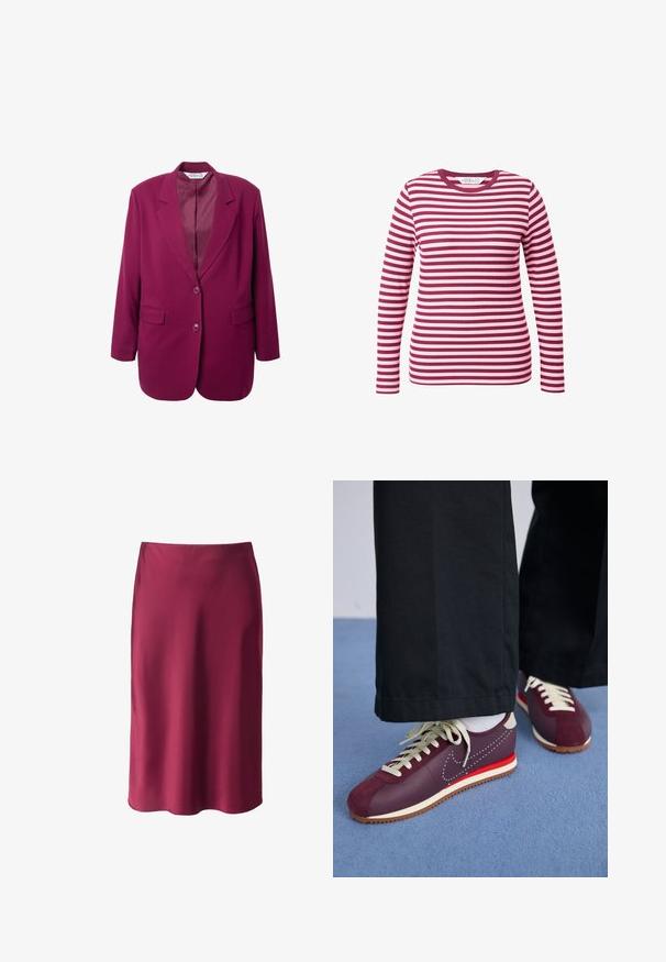 Magenta blazer med klapkrave, to forlommer og en enkelt knaplukning. Glat stof med en struktureret silhuet.; Langærmet top i burgundy og lyserøde striber, ribbet tekstur, rund halsudskæring, tætsiddende design og blødt stof.; Burgunderfarvet satin nederdel med en glat tekstur, lige snit, mid-længde og en subtil glans. Ingen synlige mønstre eller hardware detaljer.; Maroon og creme sportssko med en kombination af ruskind og glat materiale, der har en kontrasterende rød detalje, hvide snørebånd og en struktureret sål.