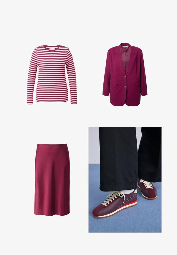 Magenta Blazer mit Reverskragen, zwei vorderen Taschen und einem einzelnen Knopfverschluss. Glattes Material mit einer strukturierten Silhouette.; Langärmliges Oberteil in burgunderrot und hellrosa Streifen, geripptes Material, runder Ausschnitt, taillierte Passform und weicher Stoff.; Burgunderfarbener Satinrock mit glatter Textur, geradem Schnitt, mittellang und mit subtiler glänzender Oberfläche. Keine sichtbaren Muster oder Hardware-Details.; Bordeauxrote und cremefarbene Sportschuhe aus einer Mischung aus Wildleder und glattem Material, mit einem kontrastierenden roten Akzent, weißen Schnürsenkeln und einer strukturierten Sohle.