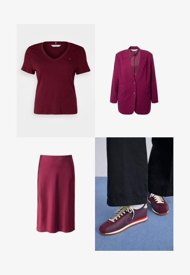 Blazer magenta con rever a punta, due tasche frontali e chiusura con un solo bottone. Tessuto liscio con una silhouette strutturata.; Tommy Hilfiger Curve SLIM CODY - T-shirt basic - deep rouge; Gonna di raso bordeaux con una texture liscia, taglio dritto, lunghezza media e un leggero brillante. Nessun motivo visibile o dettagli metallici.; Scarpe sportive bordeaux e crema con un mix di suede e materiale liscio, caratterizzate da un accento rosso a contrasto, lacci bianchi e una suola testurizzata.