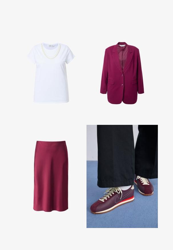 Magentový blazer s klopovým límcem, dvěma předními kapsami a jedním knoflíkovým zapínáním. Hladká látka s strukturovaným siluetou.; Bílý bavlněný tričko s krátkým rukávem, se zdobením krku ve tvaru vrstevného perlů. Hladká textura, standardní střih.; Burgundská saténová sukně s hladkým povrchem, rovného střihu, střední délky a jemným leskem. Bez viditelných vzorů nebo kovových detailů.; Bordové a krémové sportovní boty s kombinací semiše a hladkého materiálu, se kontrastním červeným akcentem, bílými šňůrkami a texturovanou podrážkou.