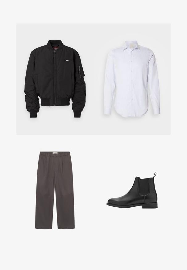 Zwarte bomberjack met ritsluiting, geribbelde manchetten en zijzakken. Kenmerkt zich door een klein logo op de borst en een zak op de linker mouw.; Lichtblauw en wit gestreept overhemd met lange mouwen, voorzien van een volledige knoopsluiting, puntige kraag en afgeronde zoom. Gemaakt van katoen, met een gladde textuur.; Grijze, wijde broek van soepel stof, met een knoopsluiting en twee zijzakken. Eenvoudig, strak ontwerp zonder zichtbare patronen.; Zwarte leren chelsea boots met elastische zijkanten, ronde neus en een lage blokhak. Glad oppervlak en een strak, minimalistisch ontwerp.